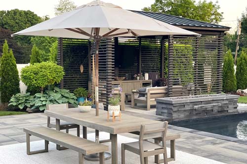 Outdoor patio dining table with shade tent